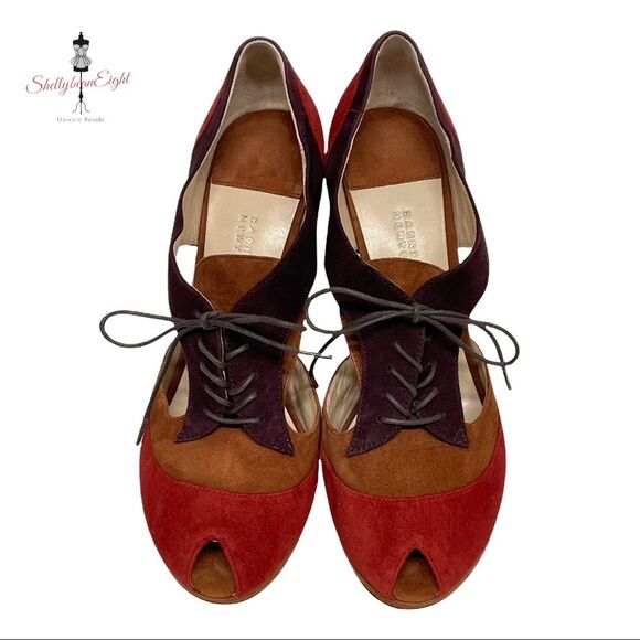 BARNEYS New York Suede Leather Colorblock Lace Up Peep Toe Heels Pumps 8.5 - Picture 2 of 16